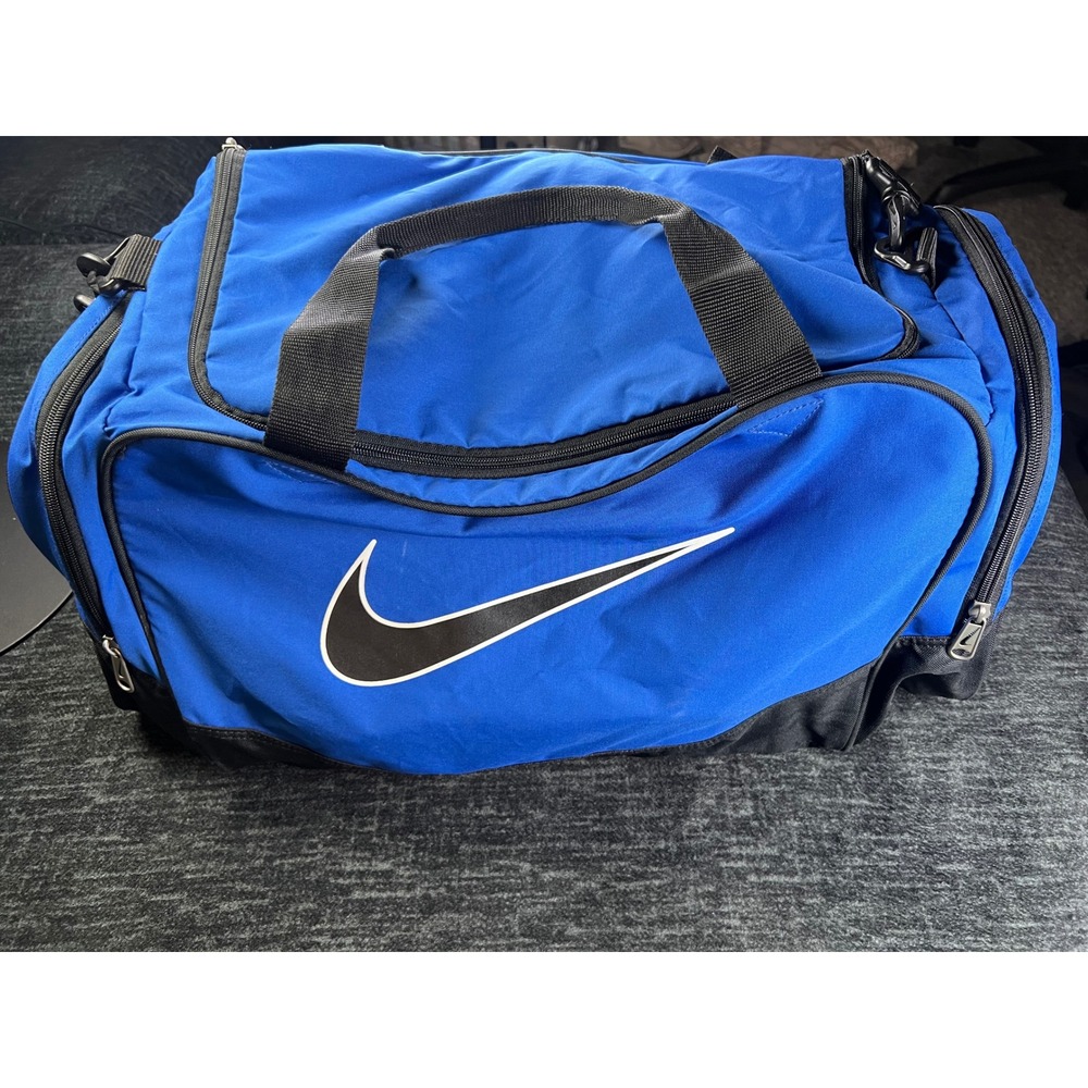 Nike Duffel Bag Unisex Large Blue Black Swoosh Athletic Gym Travel Bag